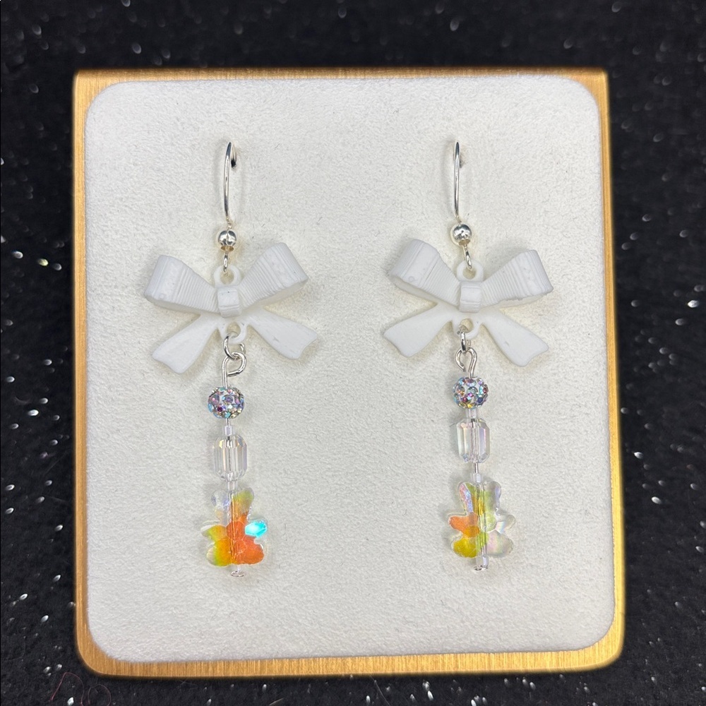 White Bow & Iridescent Glass Teddy Bear Dangle Earrings - Picture 3 of 3